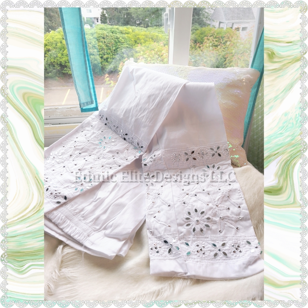 New White mirrorwork embroidered chikankari ankle length pant